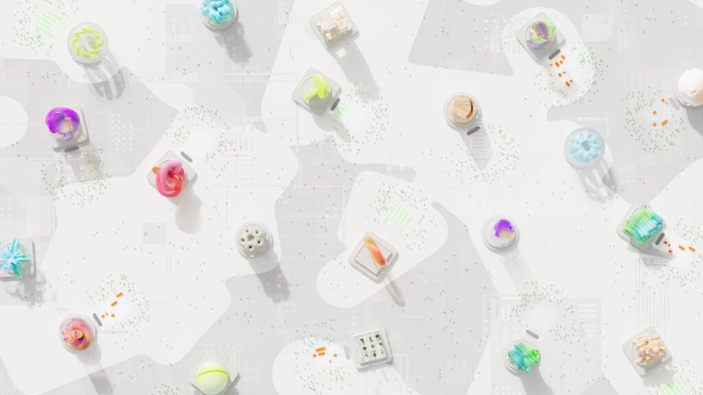 pexels photo 18069517 A vibrant 3D render of geometric shapes scattered over a circuit-like background.